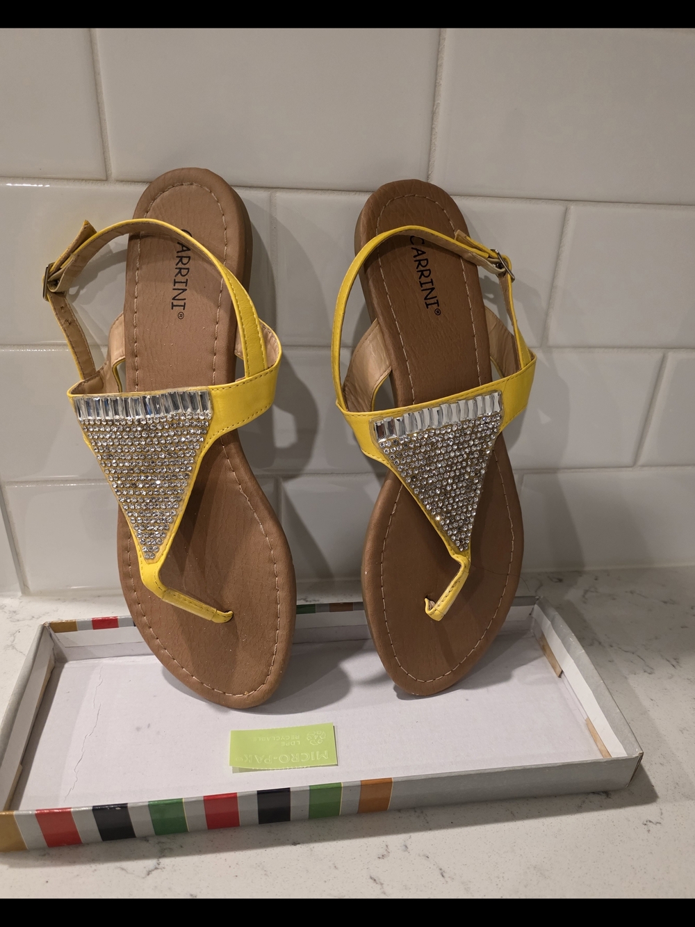 Yellow Rhinestone T-Strap Sandals for Women